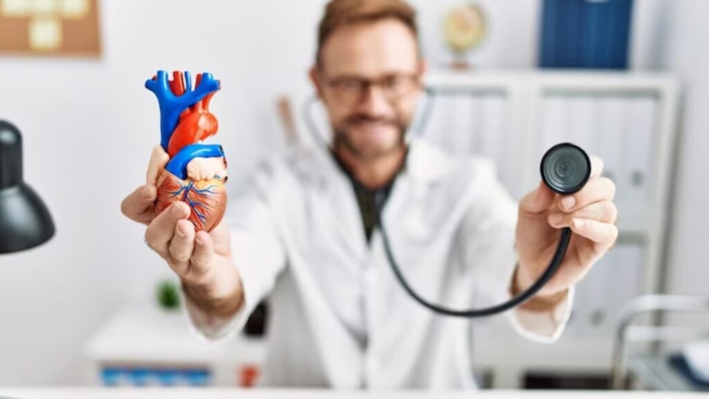 A doctor showing a dummy of the heart and the stethoscope.